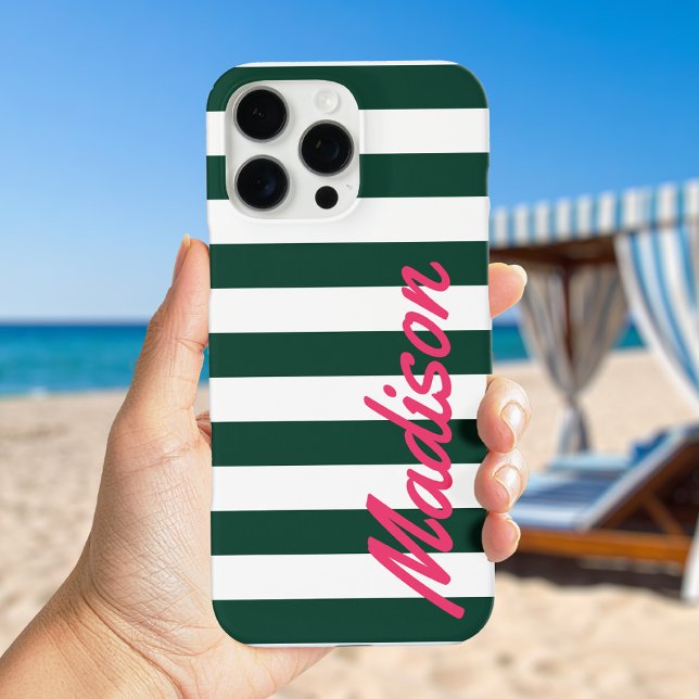 Green Cabana Stripes Retro Monogram Case-Mate iPhone Hülle (Von Creator hochgeladen)