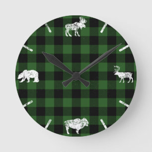 Green Cabin Buffalo Kariert Lumberjack Karo Runde Wanduhr
