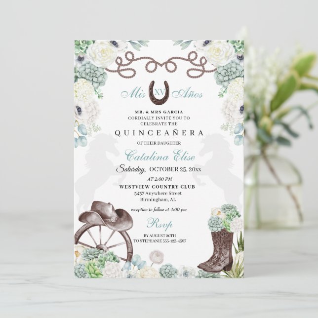 Green Cacti Western Horseshoe Charra Quinceanera Einladung (Stehend Vorderseite)
