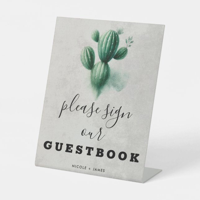 Green Cactus Wedding Guestbook Sign Sockelschild (Vorderseite)