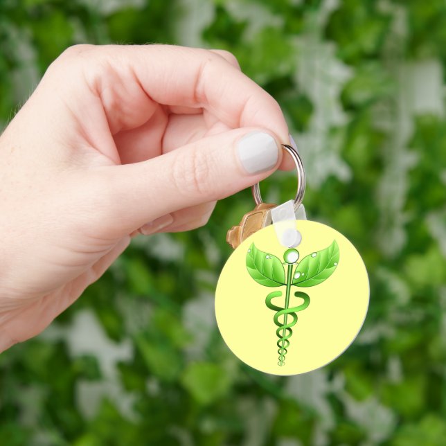 Green Caduceus Medical Alternative Medicine Yellow Schlüsselanhänger (Hand)