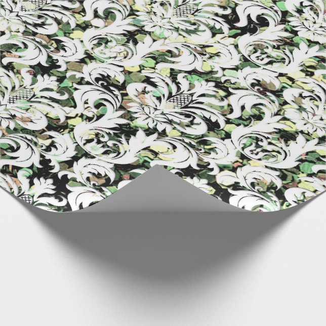 Green Cali Mint White Metallic Damask Sequin Geschenkpapier (Ecke)