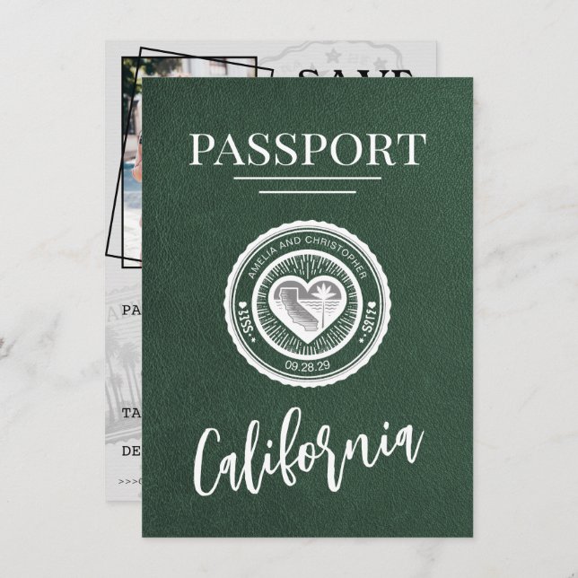 Green California Passport Save the Date (Vorne/Hinten)