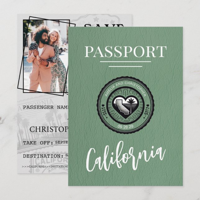 Green California Passport Save the Date (Vorne/Hinten)