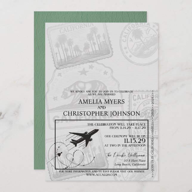 Green California Passport Wedding Einladung (Vorne/Hinten)
