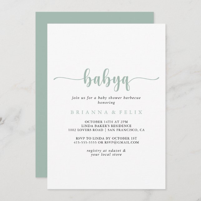 Green Calligraphy BabyQ Baby Shower Barbecue Einladung (Vorne/Hinten)