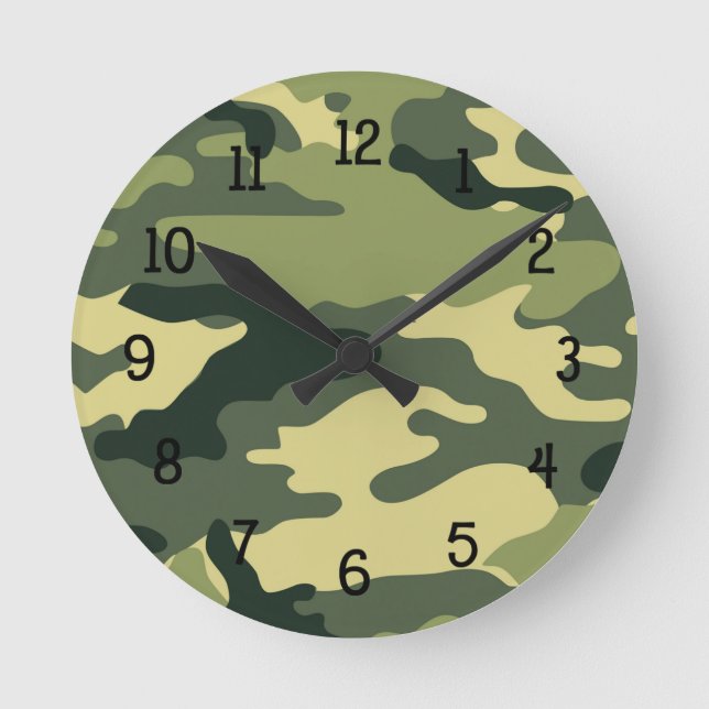 Green Camouflage Clock Kinderschlafzimmer Kinderzi Runde Wanduhr (Vorderseite)