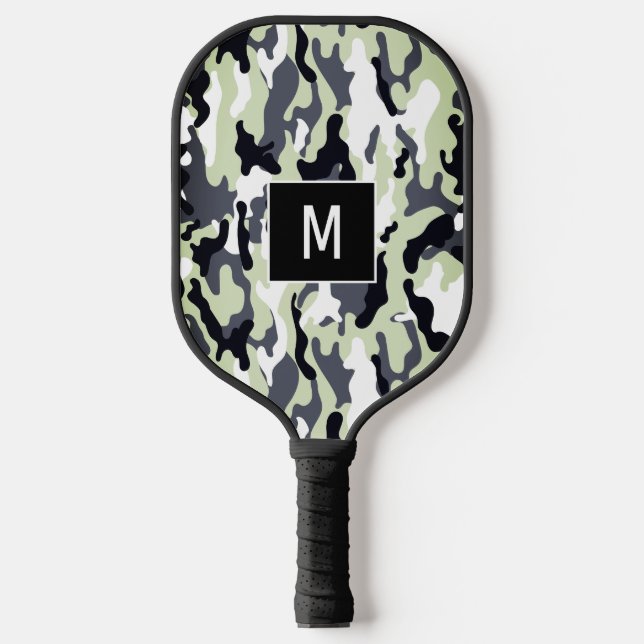 Green Camouflage Muster Monogram Pickleball Schläger (Vorderseite)
