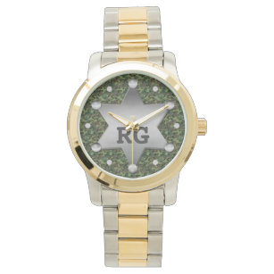 Green Camouflage Muster Sheriff Abzeichen Monogram Armbanduhr