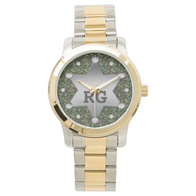 Green Camouflage Muster Sheriff Abzeichen Monogram Armbanduhr (Vorderseite)