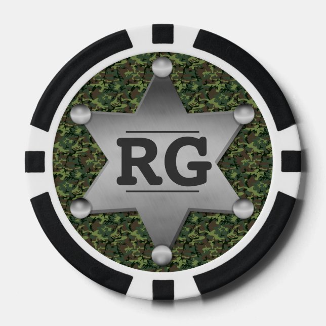 Green Camouflage Muster Sheriff Abzeichen Monogram Pokerchips (Vorderseite)