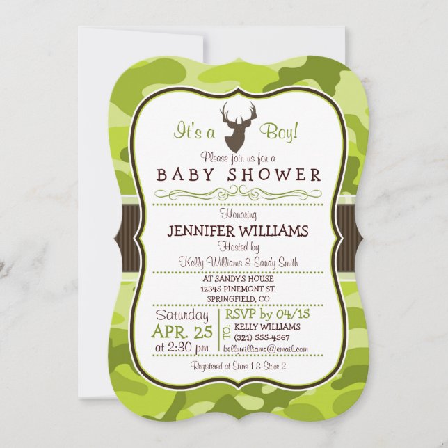 Green Camouflage with Buck; Boy Baby Shower Einlad Einladung (Vorderseite)