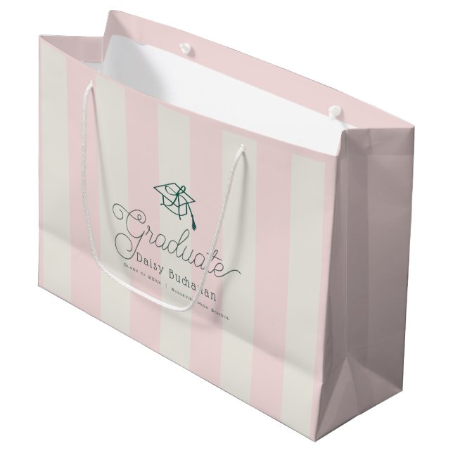 Green Cap Pink Stripes Bow Graduation Große Geschenktüte (Vorderseite Schrägansicht)
