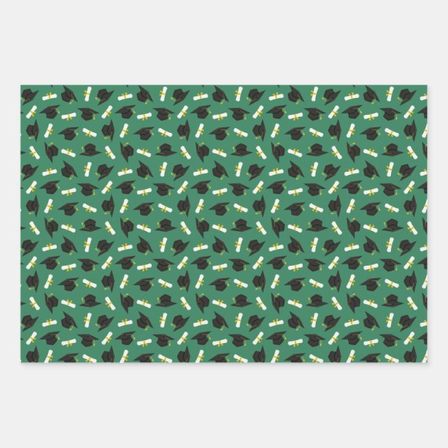 Green Caps Diplomas Mixed Graduation Patterns Geschenkpapier Set (Vorderseite)
