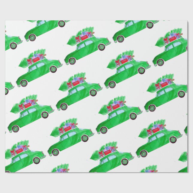 Green Car mit Weihnachtsgeschenken Wasserfarbe Geschenkpapier (Flach)
