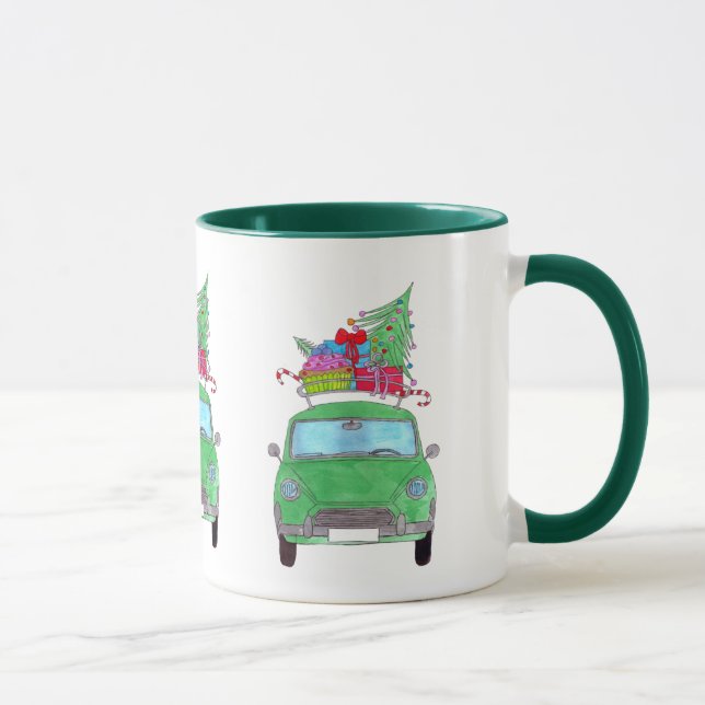 Green Car mit Weihnachtsgeschenken Wasserfarbe Tasse (Rechts)