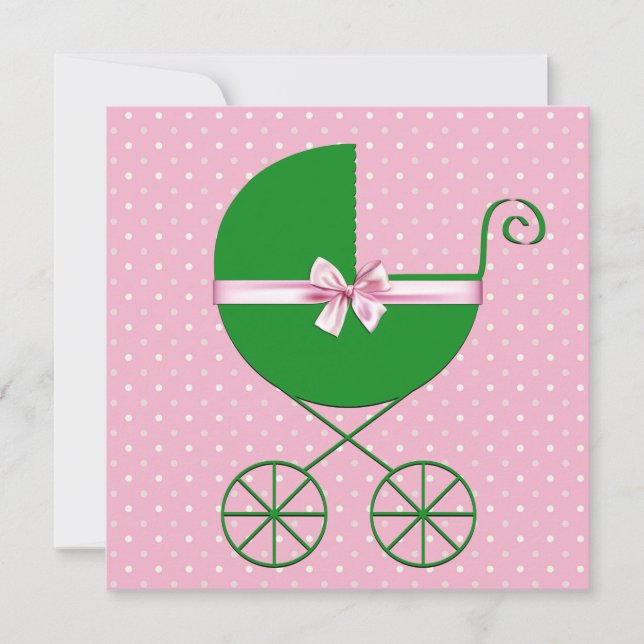 Green Carriage and Pink Polka Dot Baby Shooter Einladung (Vorderseite)