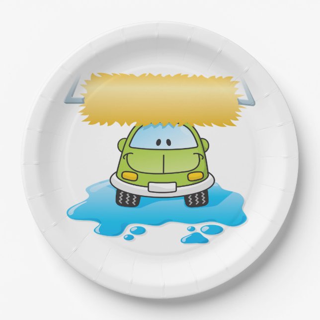 Green Cartoon Car Wash Happy Little Car Pappteller (Vorderseite)