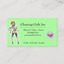 Green Cartoon Girl House Reinigungsservice Visitenkarte