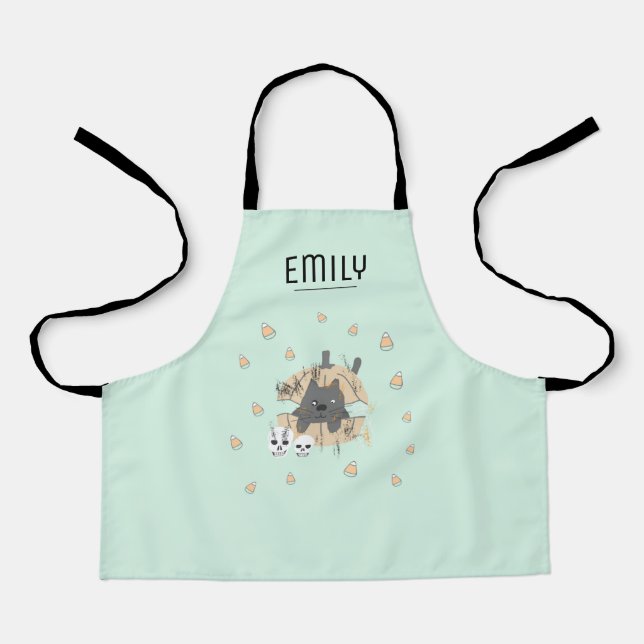 Green Cat Pumpkin Skulls Candy Corn Kids Halloween Schürze (Vorderseite)