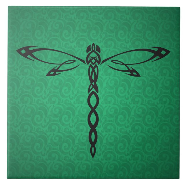 Green Celtic Dragonfly Keramik Tile Fliese (Vorderseite)