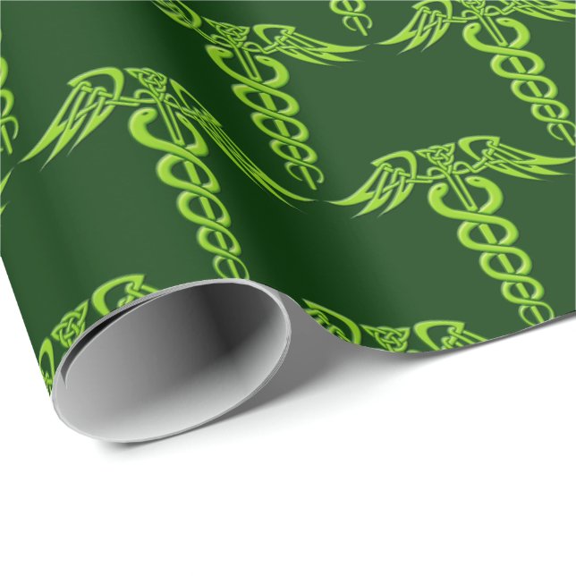 Green Celtic Knot Caduceus Geschenkpapier (Rolleneckpunkt)