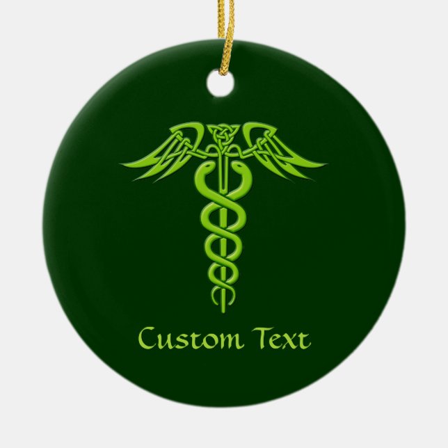 Green Celtic Knot Caduceus Keramik Ornament (Vorne)