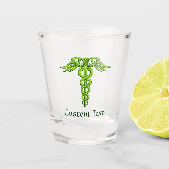 Green Celtic Knot Caduceus Schnapsglas (Vorderseite)
