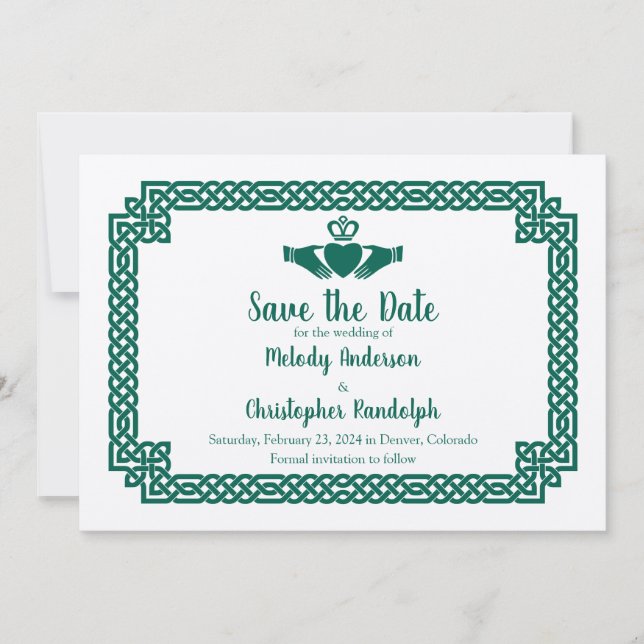 Green Celtic Knot Claddagh Wedding Save the Date (Vorderseite)