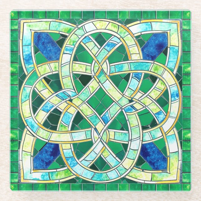 Green Celtic Knot Stone Mosaik Glasuntersetzer (Vorderseite)