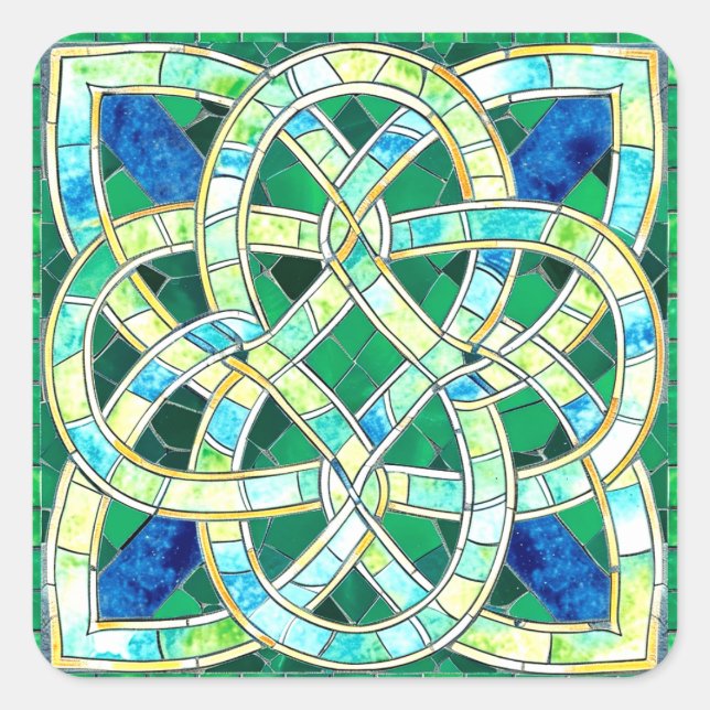 Green Celtic Knot Stone Mosaik Quadratischer Aufkleber (Vorderseite)