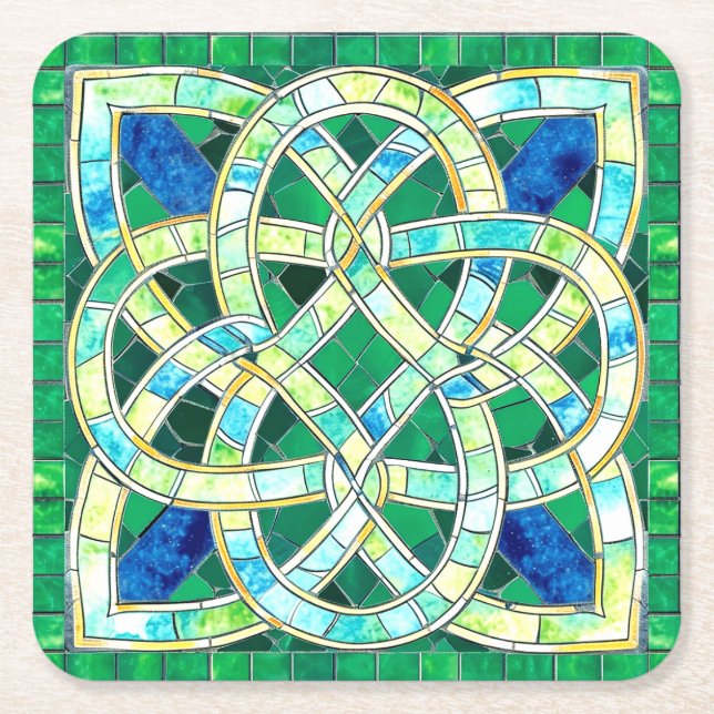 Green Celtic Knot Stone Mosaik Rechteckiger Pappuntersetzer (Vorderseite)