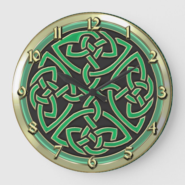 Green Celtic Shield Knot Round Wall Clock Große Wanduhr (Vorderseite)