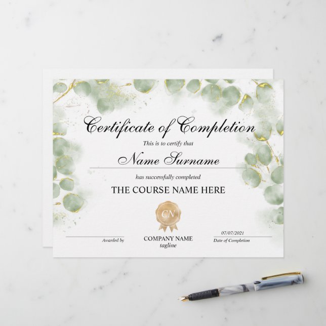 Green Certificate of Completion Award Course (Vorderseite/Rückseite Beispiel)