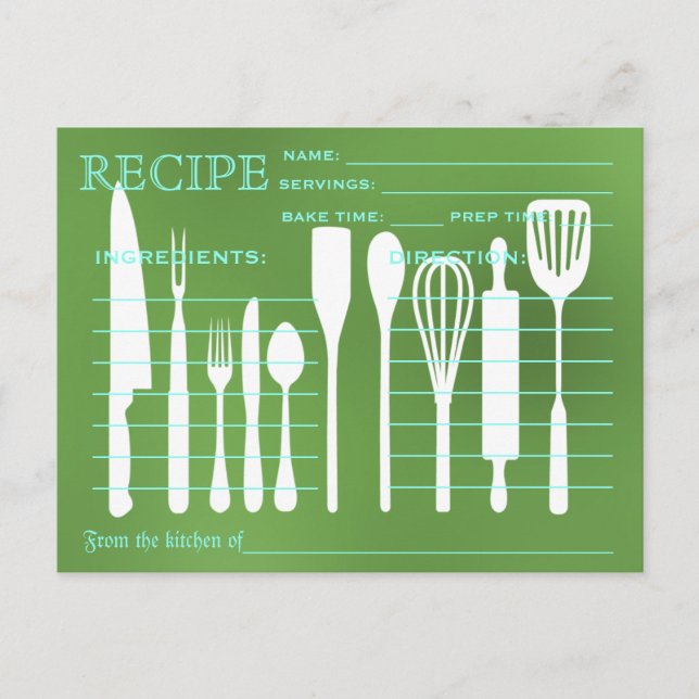 Green Chalkboard Retro Rezept Card Küche Tools Postkarte (Vorderseite)