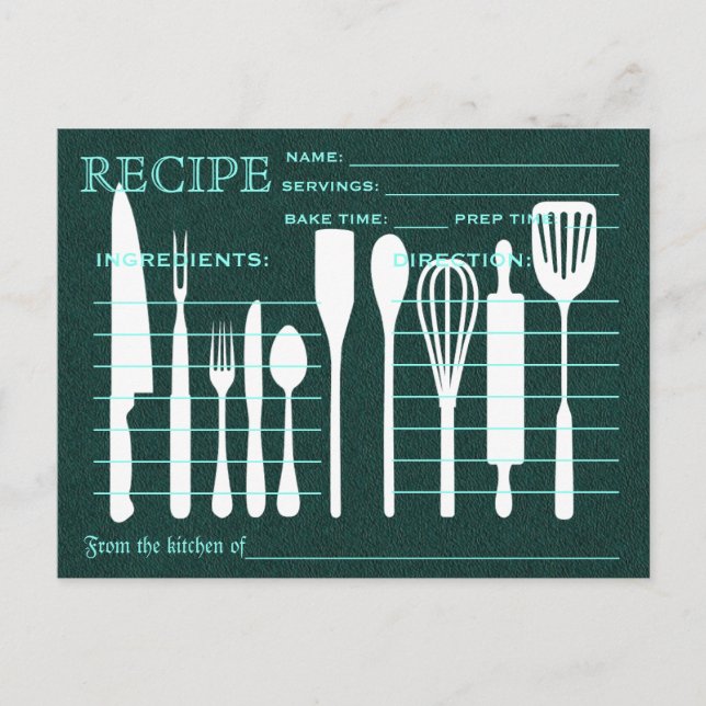 Green Chalkboard Retro Rezept Card Küche Tools Postkarte (Vorderseite)
