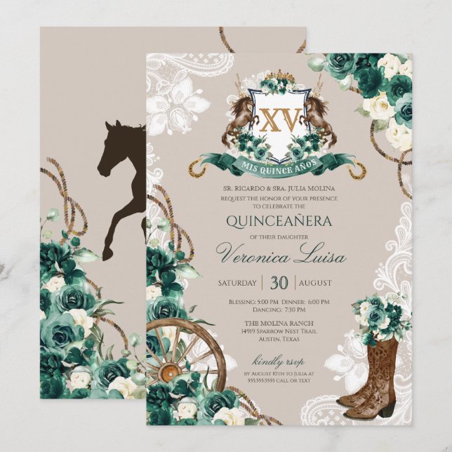Green Charro Floral Horse Wappen Quinceanera Einladung (Vorne/Hinten)
