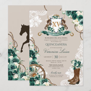 Green Charro Floral Horse Wappen Quinceanera Einladung
