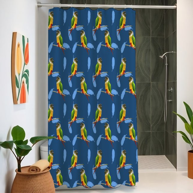 Green Cheeked Conure Vibrant Parrot Feathers Blue Duschvorhang (Vibrant pop art shower curtain with playful green cheeked conures and bold blue feathers.)