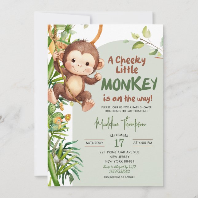 Green Cheeky Little Monkey on the way Baby Shower Einladung (Vorderseite)
