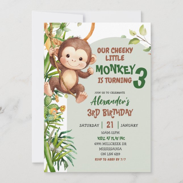 Green Cheeky Little Monkey Savannah Theme Birthday Einladung (Vorderseite)