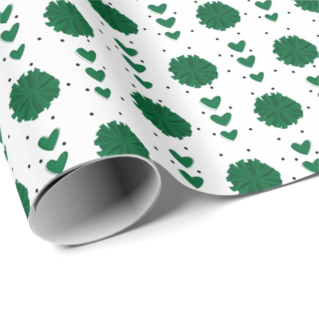 Green Cheerleader Pom Poms & Hearts Muster Geschenkpapier (Rolleneckpunkt)