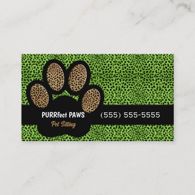 Green Cheetah Print Custom Paw Pet Sitter Visitenkarte (Vorderseite)