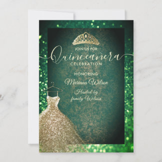 Green chic Gold Sequenzen kleiden tiara Quinceañer Einladung