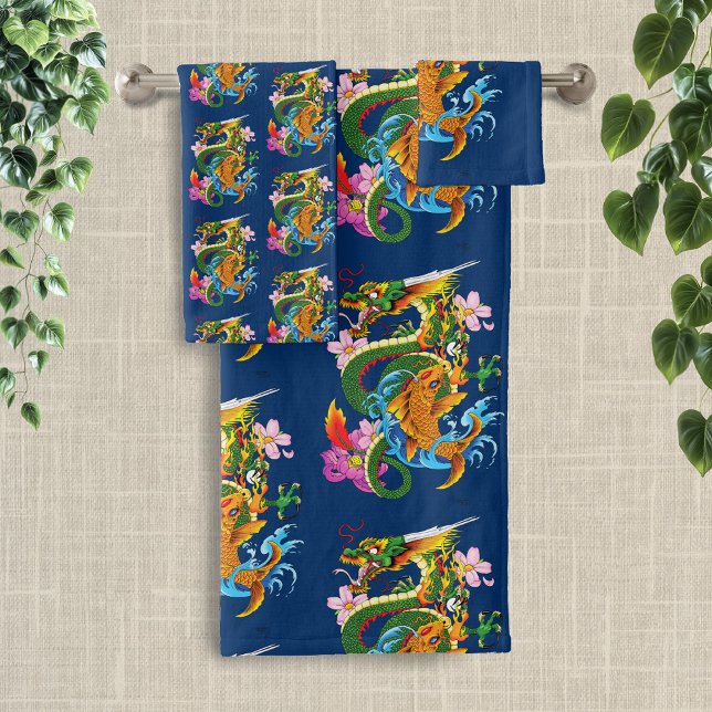 Green Chinese Dragon Koi Badhandtuch Set (Von Creator hochgeladen)