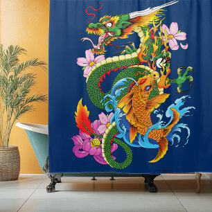 Green Chinese Dragon Koi Duschvorhang
