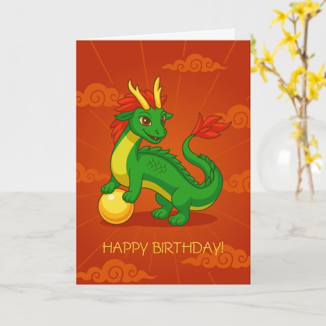 Green Chinese Dragon on Red Birthday Blank Karte (Gelbe Blume)