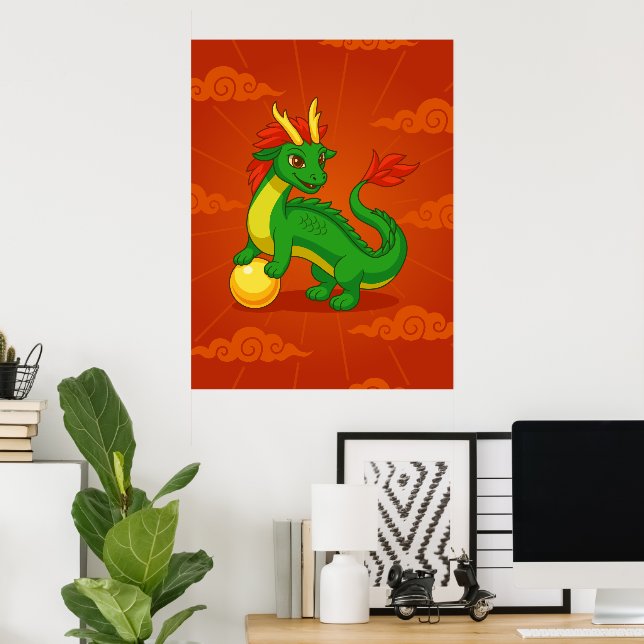 Green Chinese Dragon on Red Poster (Heimbüro)