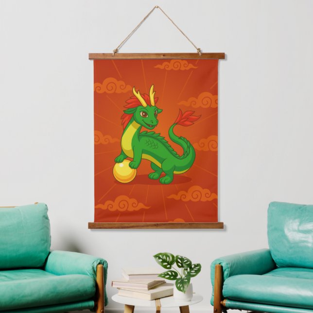 Green Chinese Dragon on Red Wandteppich Mit Holzrahmen (Wohnzimmer)