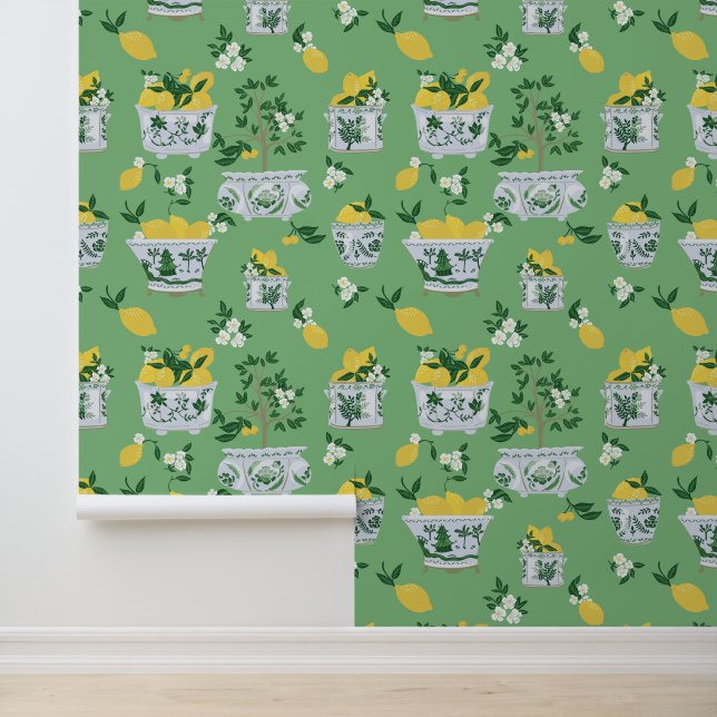 Green Chinoiserie Ginger Jar Lemon Trees Tapete (Anwendung)